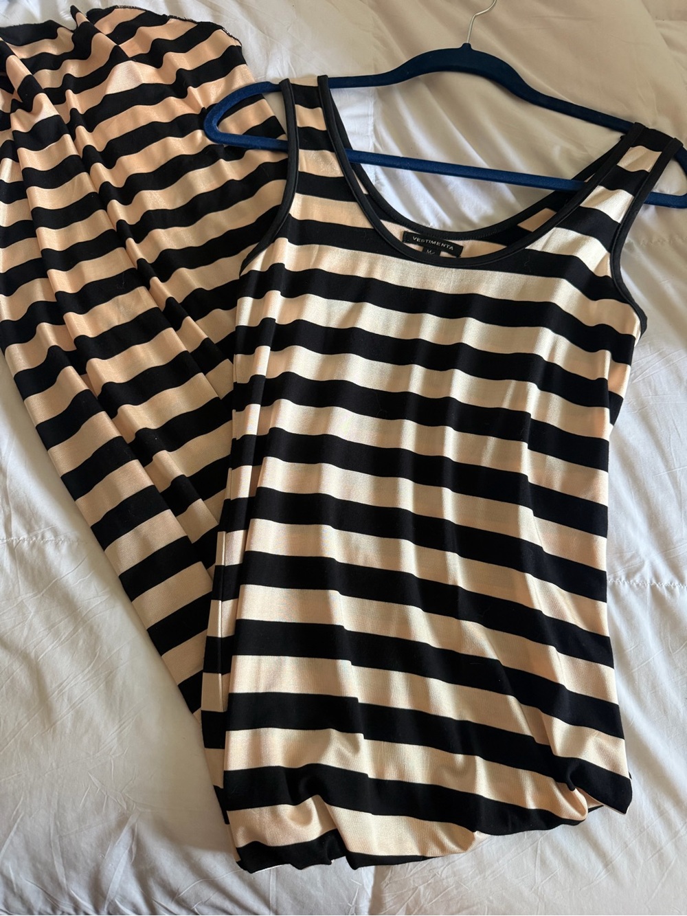 Vestimenta 100% Cotton Black and Champagne Striped High-Low Tank Maxi Dress